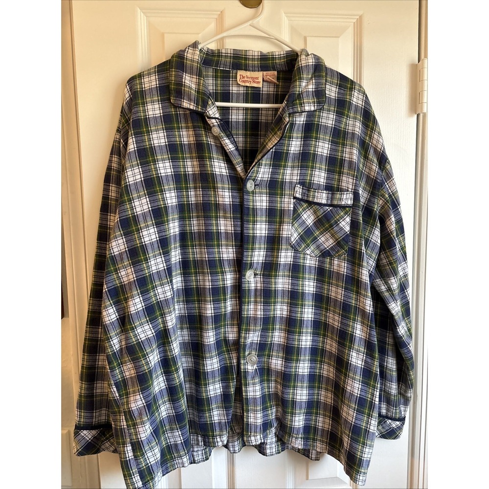 Vermont Country Store Blue Green White Plaid Flannel Top or PJ Unisex xL